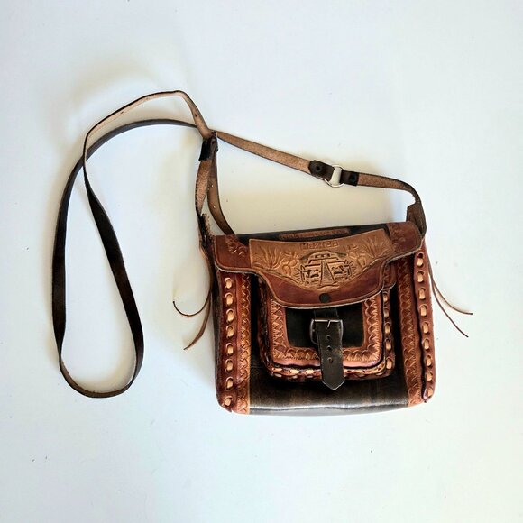 Mexican handmade tooled leather crossbody bag. - Picture 1 of 9
